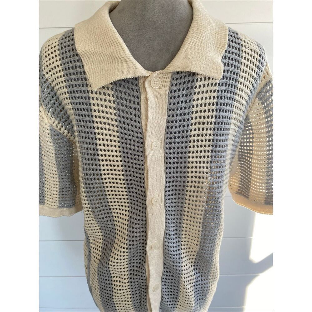 Massive Luxury Shirt Men’s Crochet Knit Button Down Collared New Ivory Beige L - Picture 4 of 13